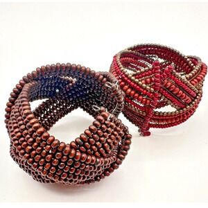Vintage Multi Row Wood Bead Cuff‎ Bracelet Lot Red Brown Memory Wire Wrap Boho